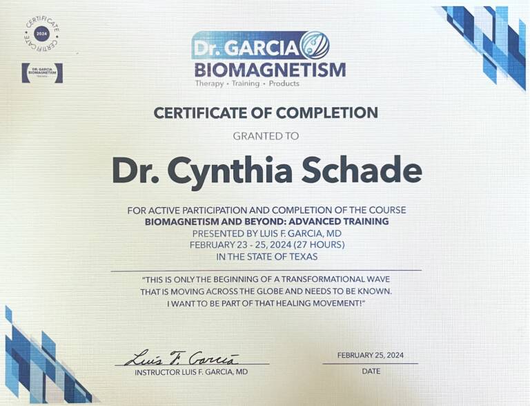 Biomagnetism certification presented to Dr. Cynthia Schade of Light of South Austin